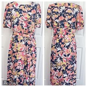 Julia Jordan Navy Blue Multi Floral Puff Short Sleeve Belted Midi Dress 10